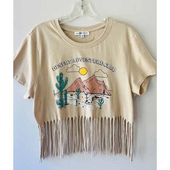 Sz M Desert Adventure Club Graphic Crop Tee with Fringe Trim Short Sleeve Top - Picture 1 of 6